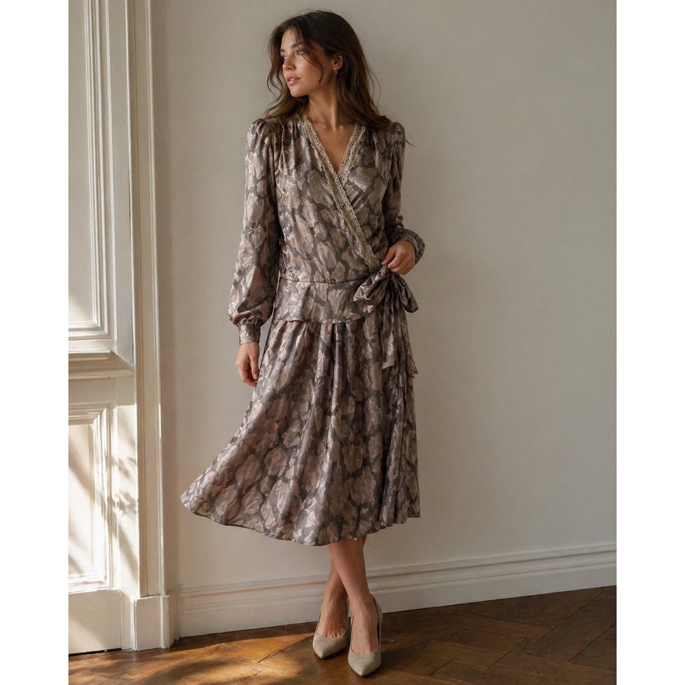 Vintage‎ Silver Jacquard Wrap Dress Lace Trim Drop Waist Midi Romantic S M